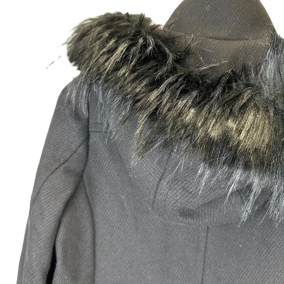 Cole Haan Black Faux Fur Trim Hooded Wool Long Duffle Pea Coat Womens Size 8 - Picture 13 of 16